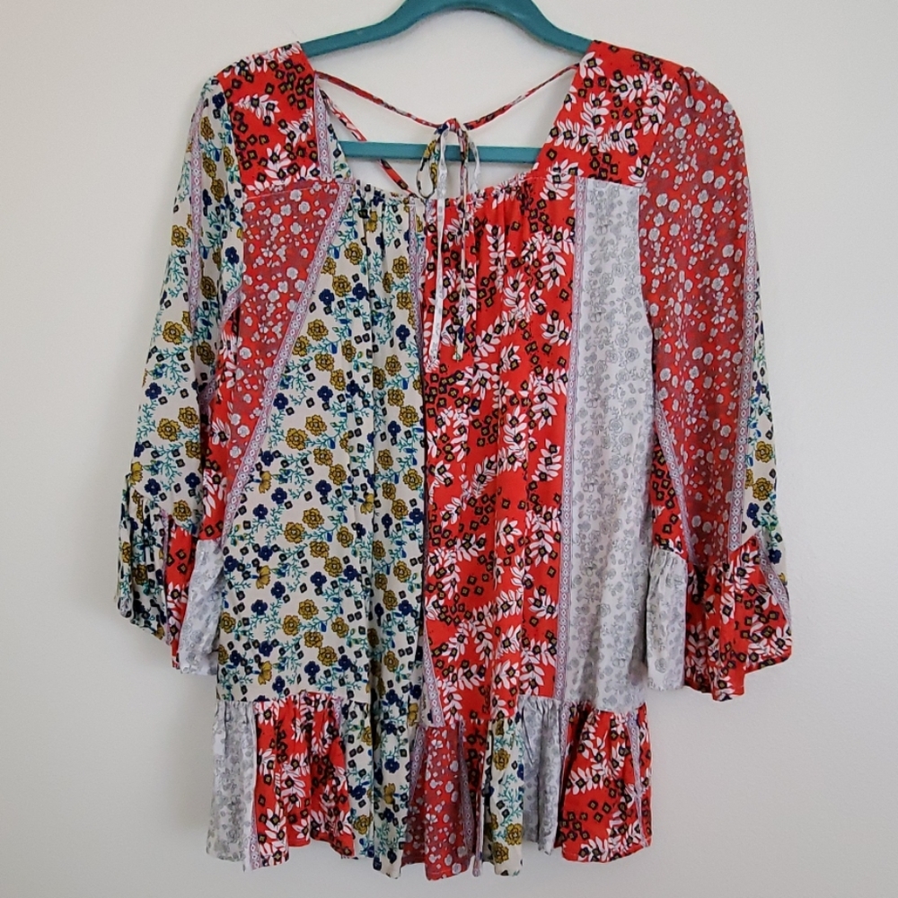 Entro Red, Blue & White Patchwork Fabric Boho Top… - image 5